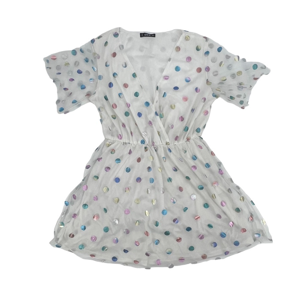 SHEIN White Tulle Iridescent Short Sleeve Mini Swing Dress Size Medium Women’s